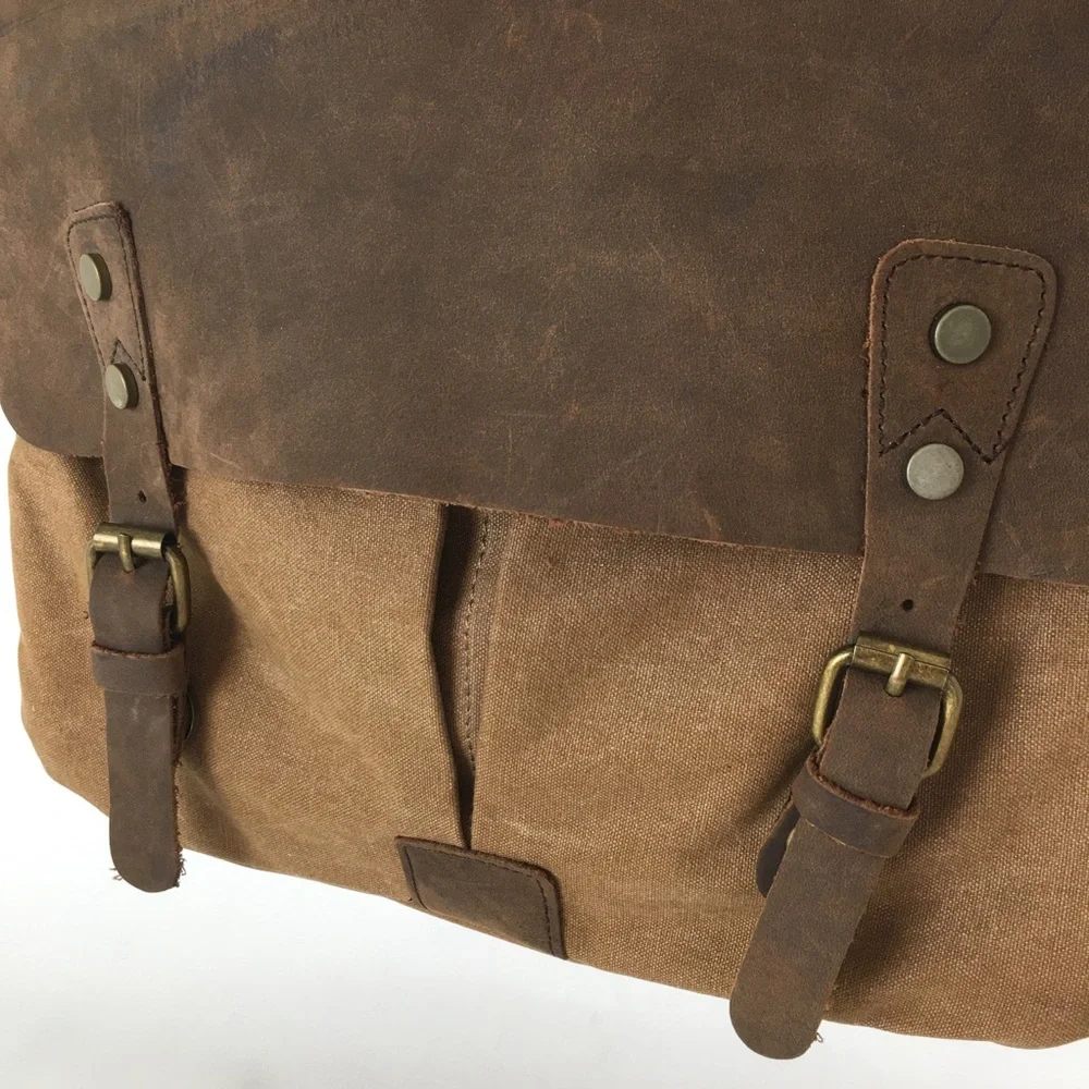 Genuine Leather Brown Canvas Vintage Style Laptop Messenger Bag Satchel
